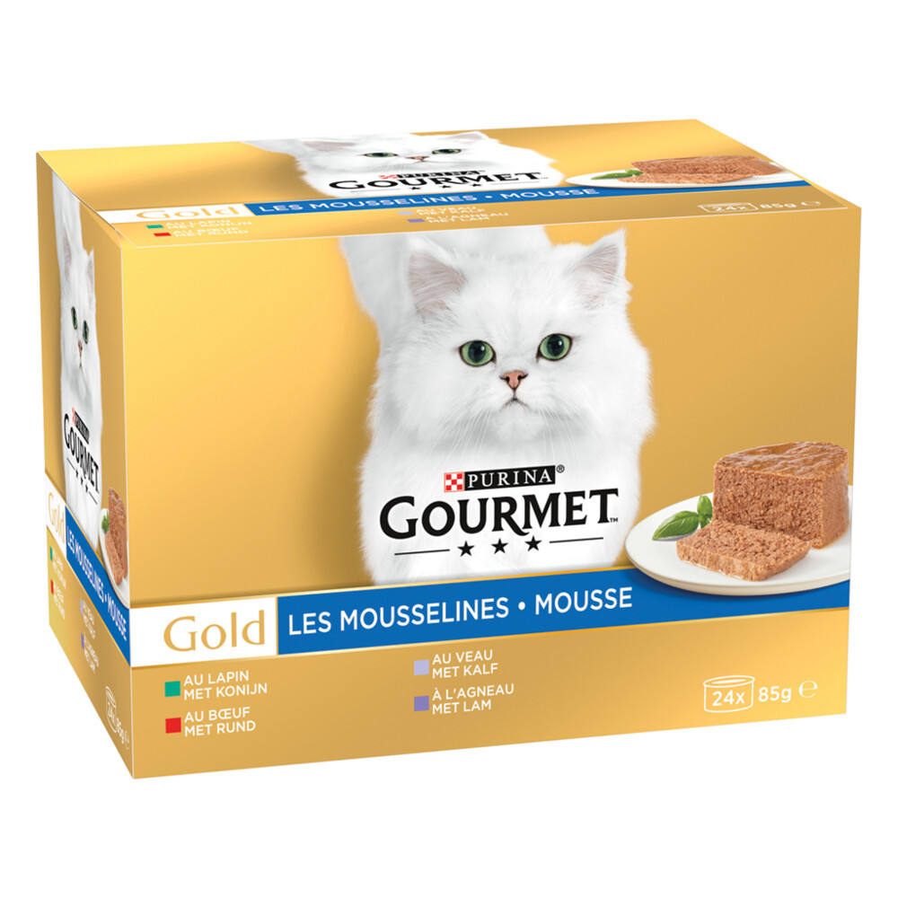 Gourmet kattenvoer Gold Mousse konijn, rund, kalf, lam 24 x 85 gr