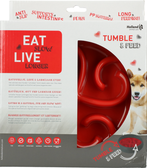 Eat Slow Live Longer Tumble Feeder red