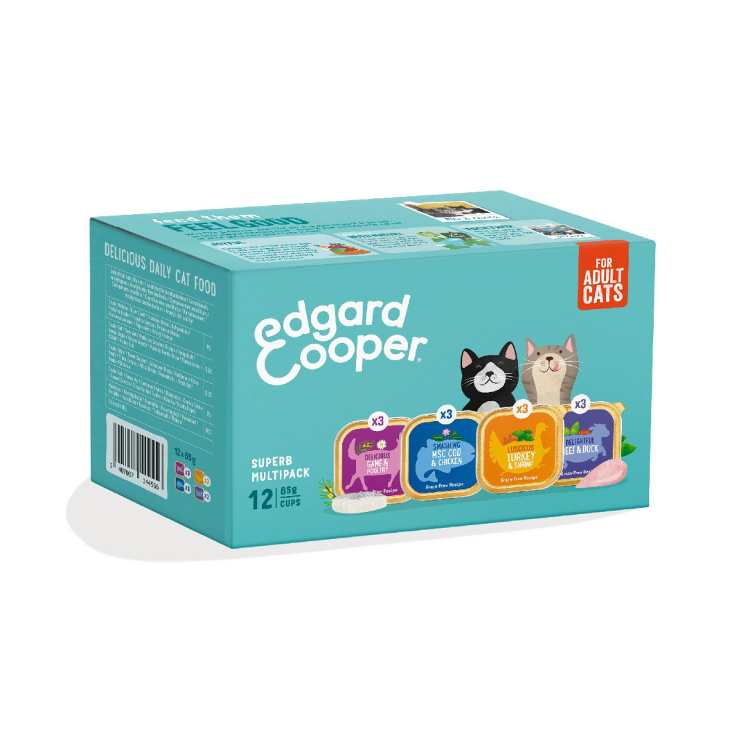 Edgard & Cooper kattenvoer Kabeljauw, Wild, Kalkoen en Rund 12 x 85 gr